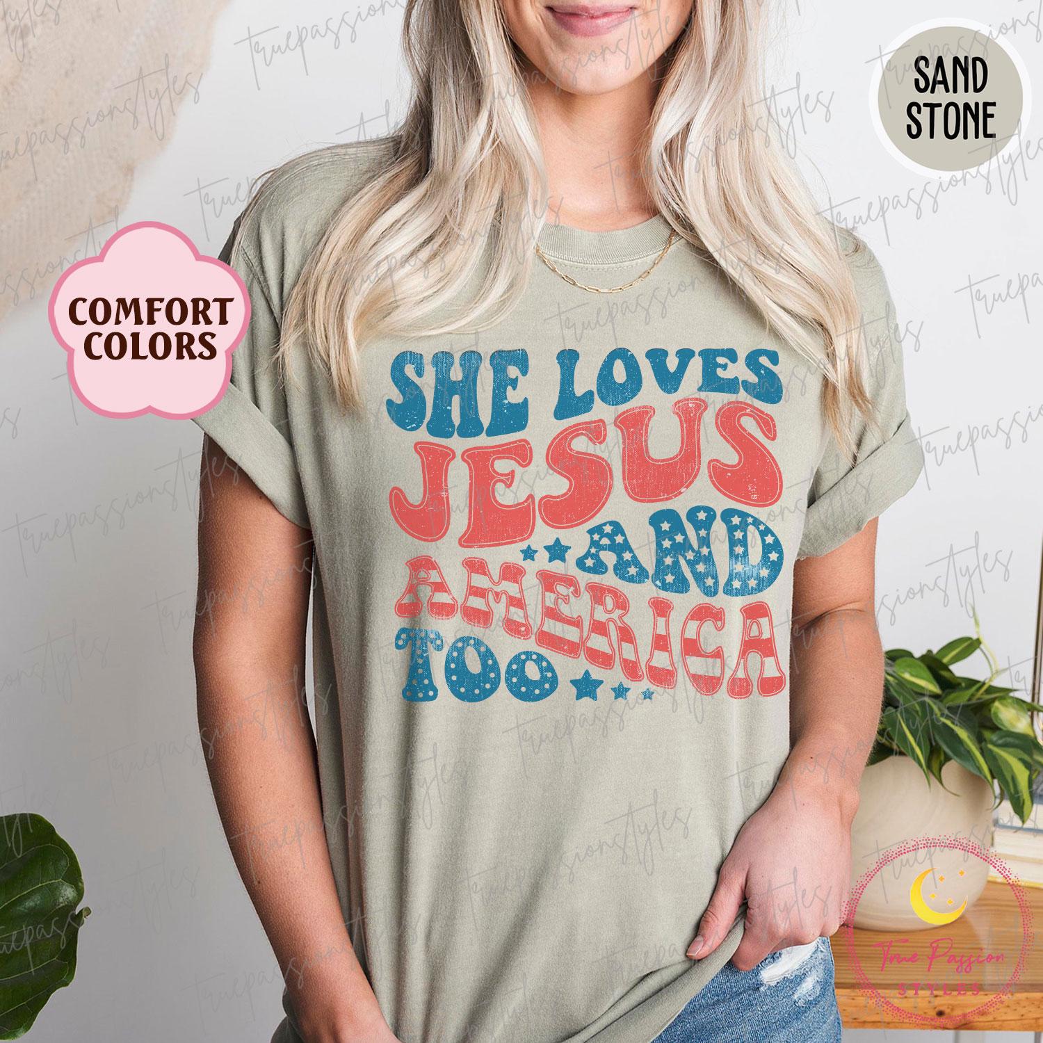 Comfort Colors® Retro USA Shirt, Patriotic Christian TShirt, Independence Day Tee, She Loves Jesus And America Too, 4th of July Shirt S00623
