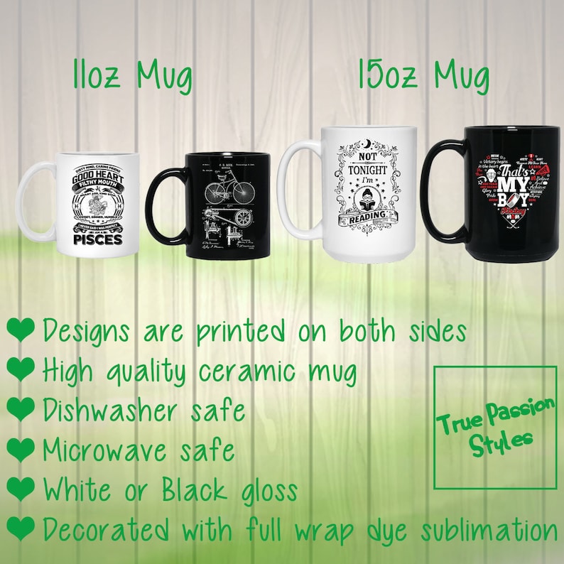 May include: Two white ceramic mugs with black designs and one black ceramic mug with a white design. The mugs are 11 oz and 15 oz. The designs include a zodiac sign, a bicycle, a person reading a book, and a heart with the words "That's My Boy".