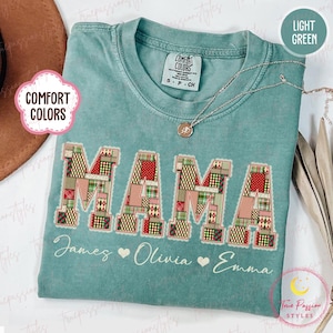 Comfort Colors® Christmas Mama Shirt, Custom Christmas Patchwork Mom Shirt, Merry Mama T-shirt, Mama Claus Tee T1675