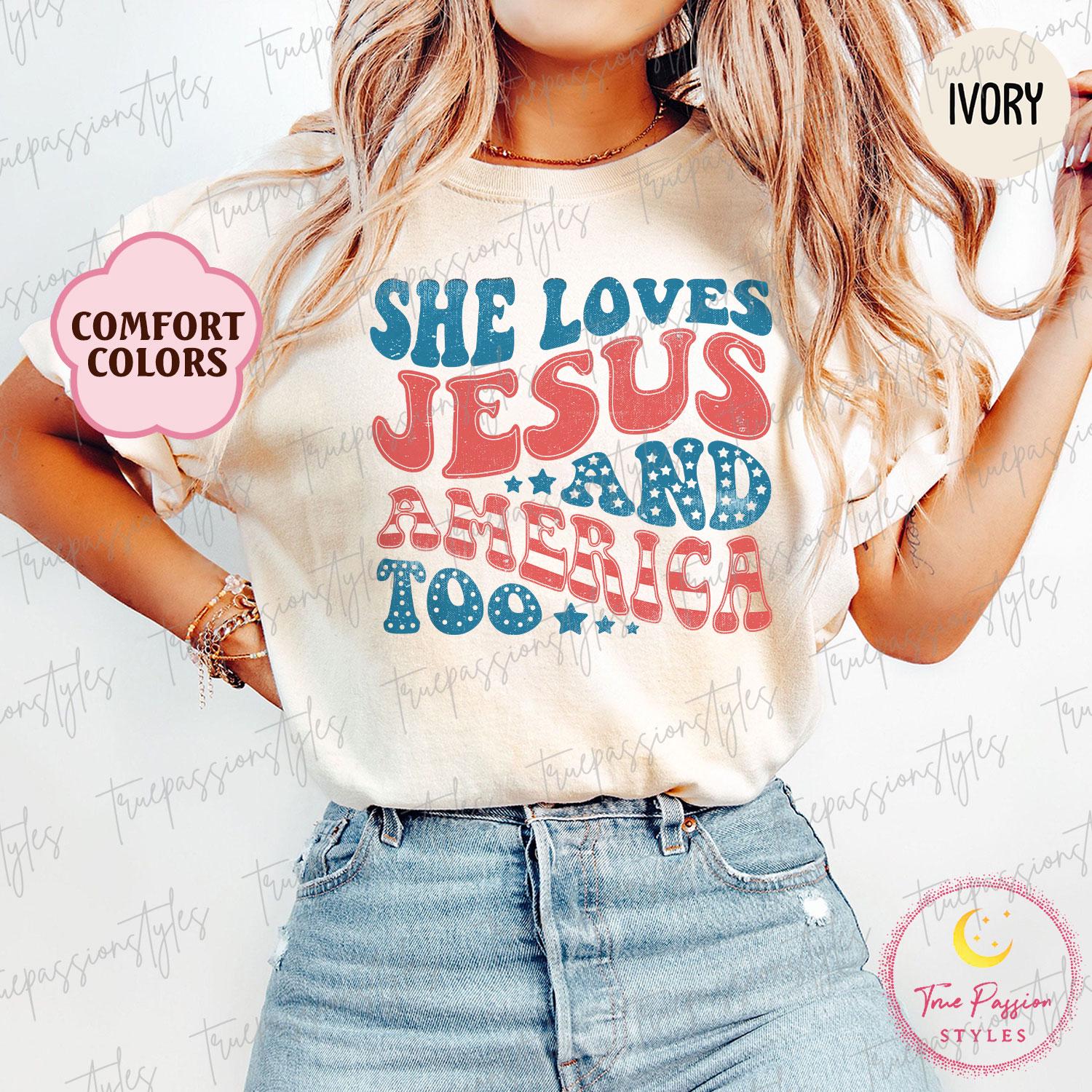 Comfort Colors® Retro USA Shirt, Patriotic Christian TShirt, Independence Day Tee, She Loves Jesus And America Too, 4th of July Shirt S00623