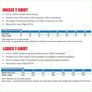 May include: Unisex and ladies t-shirt size chart with measurements in inches. The chart shows the measurements for the full chest and body length for unisex t-shirts and the bust and body length for ladies t-shirts. The chart includes sizes from XS to 4XL for unisex t-shirts and sizes from XS to 3XL for ladies t-shirts.