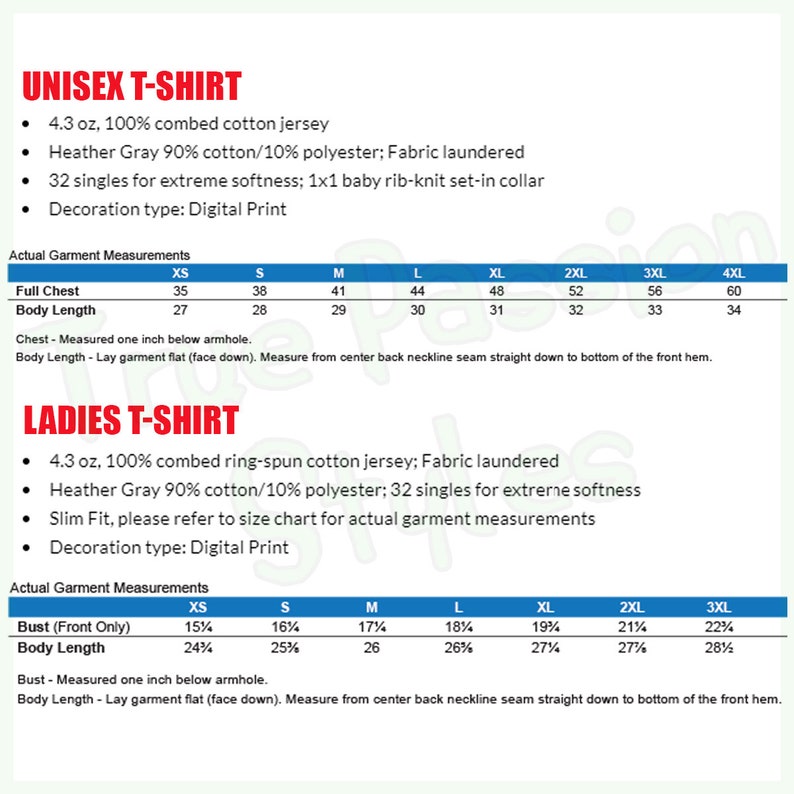 May include: Unisex and ladies t-shirt size chart with measurements in inches. The chart shows the measurements for the full chest and body length for unisex t-shirts and the bust and body length for ladies t-shirts. The chart includes sizes from XS to 4XL for unisex t-shirts and sizes from XS to 3XL for ladies t-shirts.