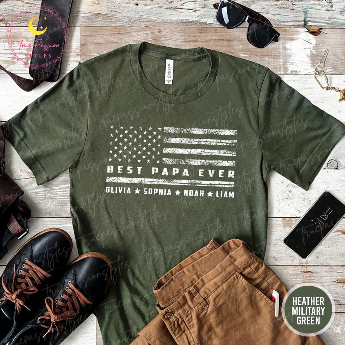 Camiseta personalizada do papai com nomes de crianças, Melhor camiseta do papai com bandeira americana, Presente de Dia dos Pais para o papai, Futuro papai, Camiseta legal do papai S03507