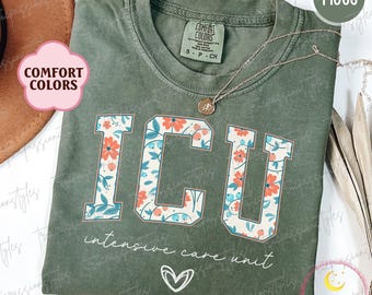 Koszulka Comfort Colors® Floral ICU Nurse, koszulka ICU Critical Care, koszulka Intensive Care Nurse, prezent dla pielęgniarki Nicu Grad, koszulka ICU Nursing Shirt S03476