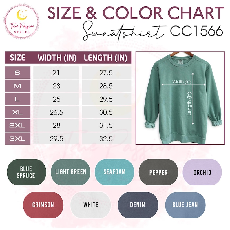 May include: Size and colour chart for a sweatshirt, with measurements in inches. The chart includes sizes S to 3XL, with corresponding width and length measurements. Colour options include Blue Spruce, Light Green, Seafoam, Pepper, Orchid, Crimson, White, Denim, and Blue Jean.