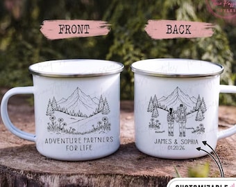 Personalized Adventure Mugs, Custom Couple Camping Mug, Wedding Shower Gift Idea, Engagement Announcement Anniversary Gift T2375