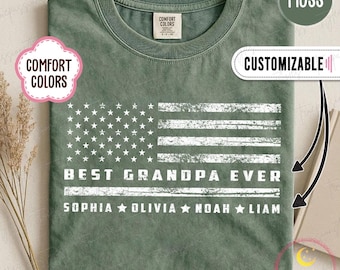 Comfort Colors® Kundenspezifisches Opa-Shirt mit Kindernamen, bestes Opa-Shirt mit amerikanischer Flagge, Vatertagsgeschenk für Opa S05684