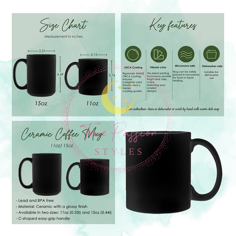 Puede incluir: Taza de caf&eacute; de cer&aacute;mica negra con asa en forma de C. La taza est&aacute; disponible en dos tama&ntilde;os: 11 oz (0,33 l) y 15 oz (0,44 l). La taza es libre de plomo y BPA y tiene un acabado brillante. La taza es apta para microondas y lavavajillas.