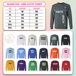 K&ouml;nnte beinhalten: Eine Gr&ouml;&szlig;entabelle f&uuml;r das Gildan 540 Langarm-T-Shirt mit Breiten- und L&auml;ngenma&szlig;en in Zoll f&uuml;r die Gr&ouml;&szlig;en S bis 3XL. Das Bild zeigt ein dunkelgrau meliertes Langarm-T-Shirt und eine Farbpalette mit achtzehn verschiedenen T-Shirt-Farben.