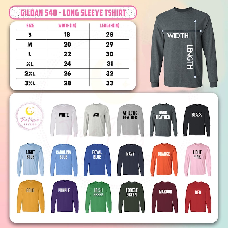 K&ouml;nnte beinhalten: Eine Gr&ouml;&szlig;entabelle f&uuml;r das Gildan 540 Langarm-T-Shirt mit Breiten- und L&auml;ngenma&szlig;en in Zoll f&uuml;r die Gr&ouml;&szlig;en S bis 3XL. Das Bild zeigt ein dunkelgrau meliertes Langarm-T-Shirt und eine Farbpalette mit achtzehn verschiedenen T-Shirt-Farben.