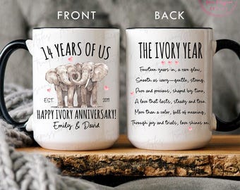 Personalized 14th Anniversary Mug, Custom Ivory Wedding Anniversary Mug, 14 Years Married Couple Cup, Gift for Husband Wife T2297