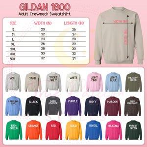 K&ouml;nnte beinhalten: Eine Gr&ouml;&szlig;entabelle f&uuml;r das Gildan 1800 Rundhals-Sweatshirt mit Breiten- und L&auml;ngenangaben in Zoll. Das Bild zeigt ein beiges Sweatshirt und eine &Uuml;bersicht von einundzwanzig Farboptionen, darunter Asche, Sand, Sportgrau, Wei&szlig;, Pink, Blau und Gr&uuml;n.