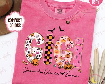 Personalisiertes Gigi-Shirt, individuelles Halloween Gigi-Shirt, gruseliges Gigi-T-Shirt, rosa Halloween Comfort Colors® Shirt T1388
