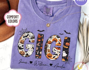 Spersonalizowana koszulka Gigi na Halloween, spersonalizowana, upiorna koszulka Gigi z imionami dzieci, jesienna koszulka Gigi Comfort Colors® T1347
