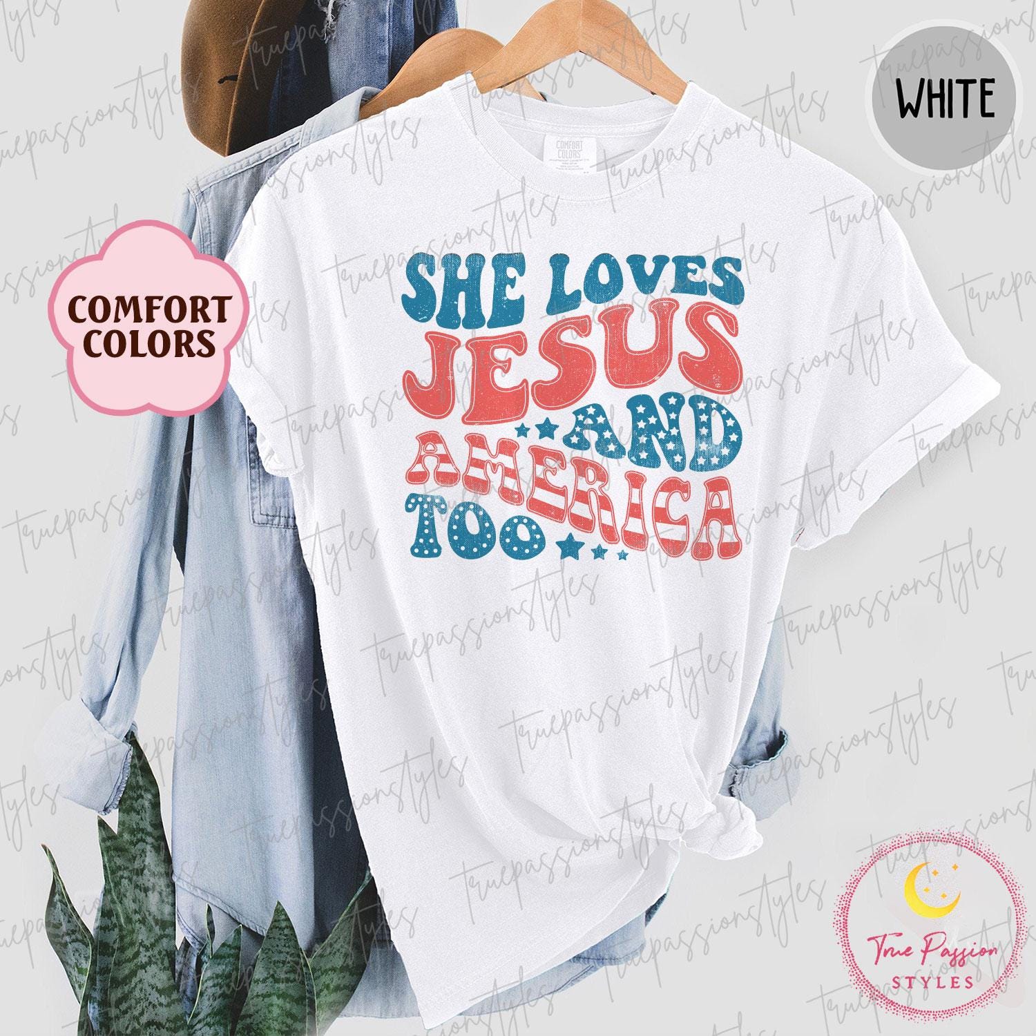 Comfort Colors® Retro USA Shirt, Patriotic Christian TShirt, Independence Day Tee, She Loves Jesus And America Too, 4th of July Shirt S00623