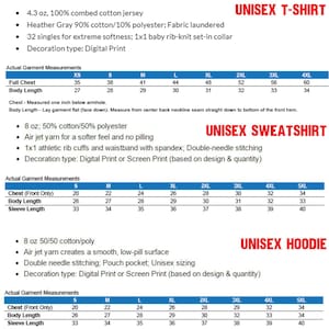 May include: A chart showing unisex t-shirt, sweatshirt, and hoodie sizing information. The chart includes measurements for chest, body length, and sleeve length in inches. The chart also includes fabric details and decoration types.