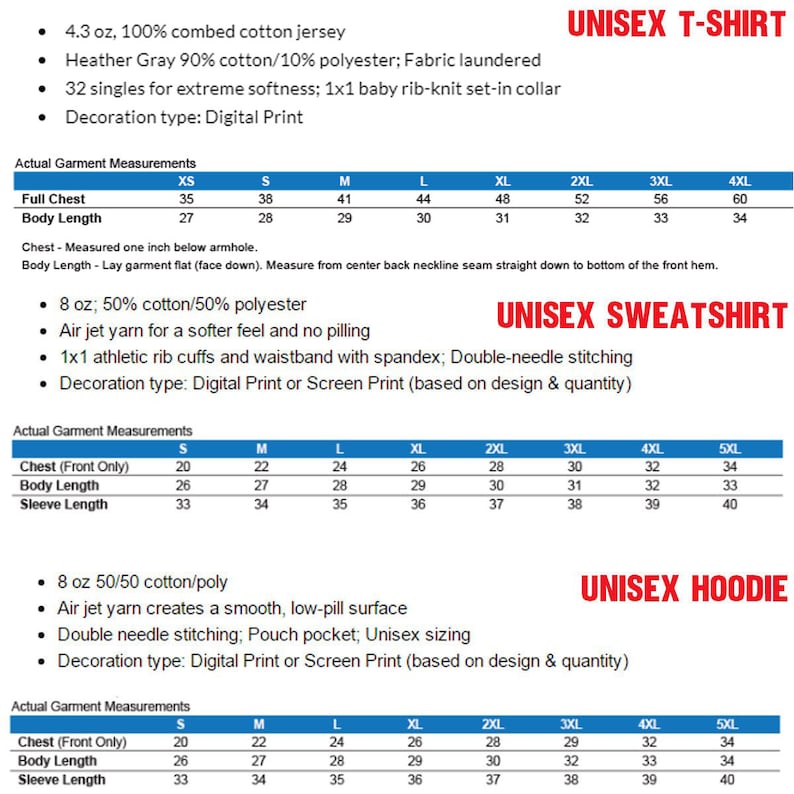 May include: A chart showing unisex t-shirt, sweatshirt, and hoodie sizing information. The chart includes measurements for chest, body length, and sleeve length in inches. The chart also includes fabric details and decoration types.