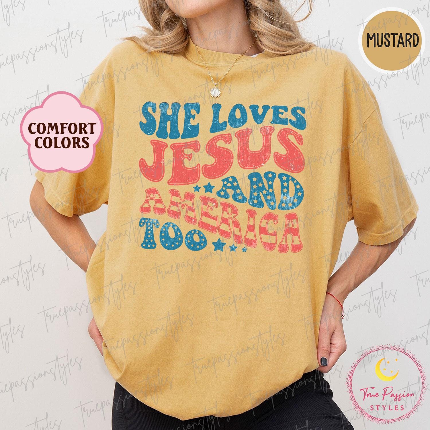 Comfort Colors® Retro USA Shirt, Patriotic Christian TShirt, Independence Day Tee, She Loves Jesus And America Too, 4th of July Shirt S00623