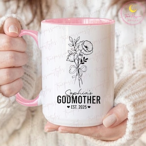 Personalized Godmother Mug, Custom Birth Flower Godmother Mug, Godmother Proposal Gift, Baptism Gift T1242
