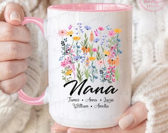 Personalized Wildflowers Nana Mug with Kids Names, Custom Floral Nana Mug, Gift for Nana, New Nana Gift T1783