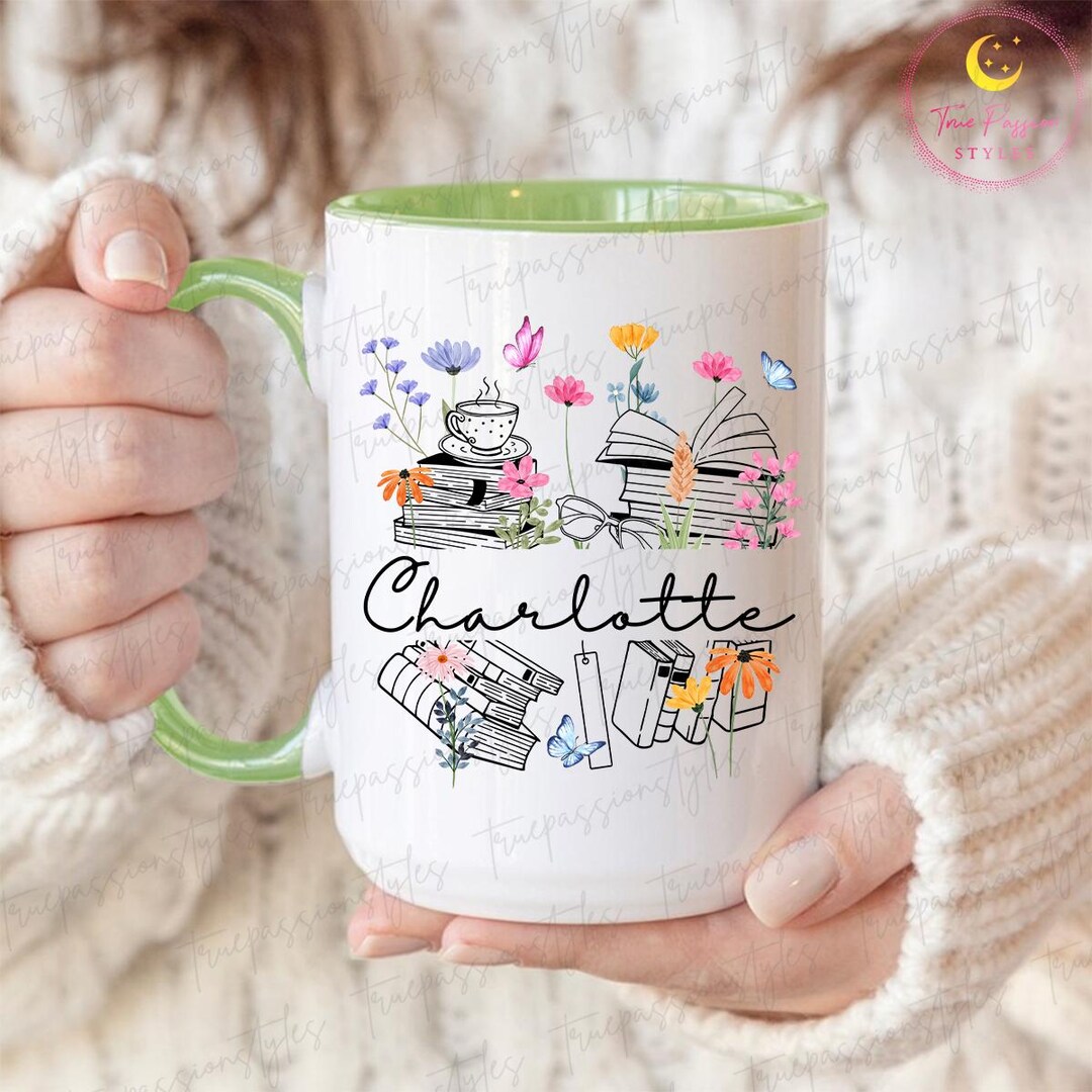 Personalized Book Lover Mug, Custom Floral Books Mug, Bookish Cup ...
