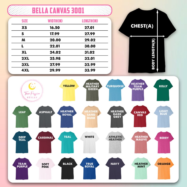 May include: Bella Canvas 3001 t-shirt size chart with measurements in inches.  The chart shows the width and length of the shirt in inches for sizes XS to 4XL.  The chart also shows the chest and body length measurements in inches.  The image shows a variety of t-shirt colors, including yellow, green, turquoise, purple, red, blue, teal, white, gray, and pink.