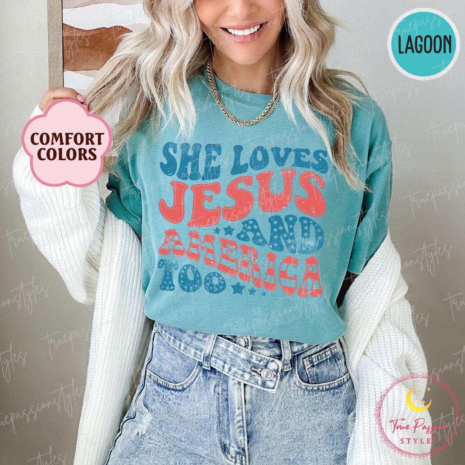Comfort Colors® Retro USA Shirt, Patriotic Christian TShirt, Independence Day Tee, She Loves Jesus And America Too, 4th of July Shirt S00623