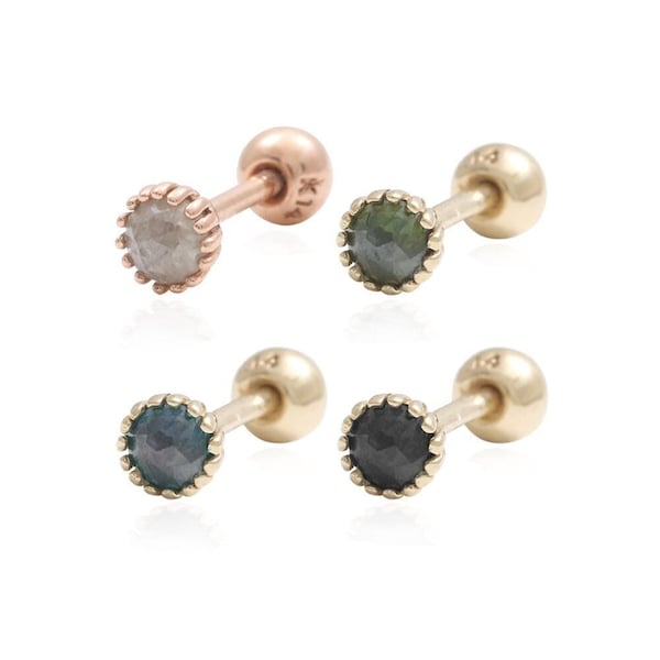 14K 18K Solid Gold 3mm Gray, Gray, Blue or Black Genuine Diamond Multi Prongs Setting Stud Cartilage Helix Conch Lobe Piercing Earring 1qty