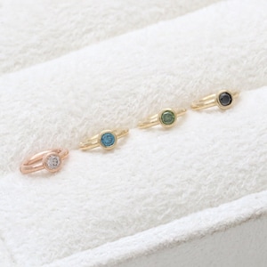 14K 18K Solid Gold 0.03ct Champagne, Blue, Green or Black Genuine Diamond Round Bezel Hinged Huggie Tiny Hoop Cartilage Helix Conch Earring