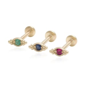 14K Solid Gold Ultra Tiny Emerald, Blue Sapphire or Ruby Ball Boat Ear Stud Cartilage Tragus Helix Conch Internally Labret Piercing 18g, 16g