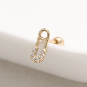 14K 18K Solid Gold CZ, Moissanite, Lab or Genuine Diamond Safety Pin Ear Stud Tragus Helix Conch Lobe Cartilage Piercing Earring 16G, 18G