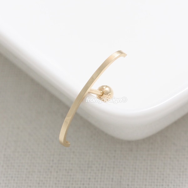 14K 18K Solid Gold Minimalist Simple Long Flat Slim Curved Line Ear Cuff Stud, Ear Lobe Suspender Earring- 16G, 18G/ 1qty