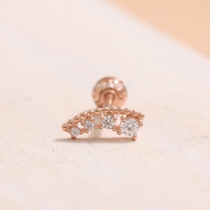 14K 18K Solid Gold CZ, Moissanite, Lab or Genuine Diamond Tiny Dotted Curved Stud Tragus Helix Conch Lobe Cartilage Piercing Earring 1qty