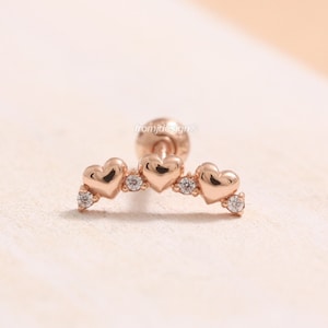 14K 18K Solid Gold CZ, Moissanite, Lab or Genuine Diamond Accent Triple Heart Stud Tragus Helix Conch Lobe Cartilage Piercing Earring 1qty