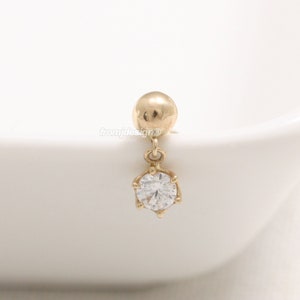 14K 18K Solid Gold Ball with 0.1ct CZ, Moissanite, Lab or Genuine Diamond Dangling Stud Tragus Helix Conch Lobe Cartilage Piercing Earring