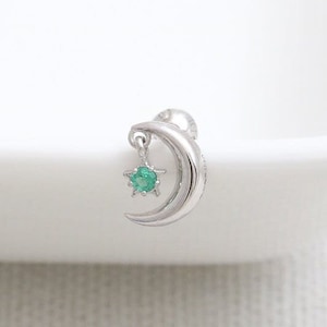 14K 18K Solid Gold Crescent & Genuine Emerald Accent Dangle Tiny Star Stud Cartilage Tragus Helix Conch Ball Back or Labret Back Piercing