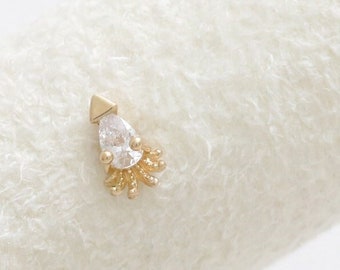 14K Solid Gold Pear Cut CZ, Moissanite, Lab or Genuine Diamond Ultra Tiny Squid Ear Stud Cartilage Tragus Helix Internally Labret Piercing