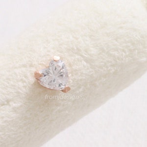 14K 18K Solid Gold Heart Shaped Cubic Zirconia or Moissanite Stud, Tragus, Helix, Conch, Lobe, Cartilage, Piercing Earring- 16G, 18G