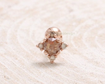 14K 18K Solid Gold Rose Cut Genuine Diamond & Brown Diamonds Accent Edgy Star Ear Stud Cartilage Tragus Helix Conch Lobe Piercing Earring