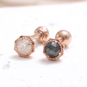 14K 18K Solid Gold 0.1ct or 0.2ct Rose Cut Genuine Diamond Octagon Shaped Stud Cartilage Tragus Helix Conch Lobe Piercing Earring 16G, 18G