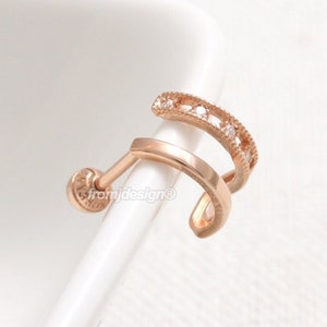 14K 18K Curved Bar with Milgrain CZ, Moissanite, Lab or Genuine Diamond Accent Hoop Stud Cartilage Tragus Helix Conch Lobe Piercing Earring