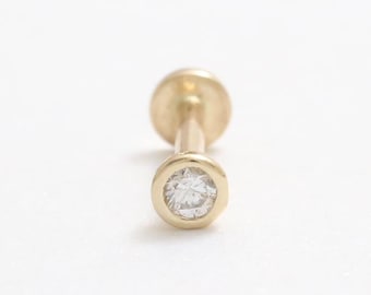 14K Gold 2mm, 2.5mm, 3mm, 4mm CZ, Moissanite, Lab or Genuine Diamond Round Bezal Ear Stud Cartilage Tragus Helix Conch Internally Labret