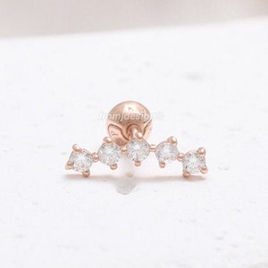 14K 18K Solid Gold CZ, Moissanite, Lab or Genuine Diamond Curved Line Ear Stud Helix Conch Lobe Cartilage Piercing Earring- 16G, 18G/ 1qty