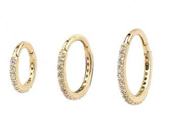 14K 18K Solid Gold CZ, Moissanite, Lab or Genuine Diamond Pave Hinged Huggie Segment Hoop Cartilage Helix Conch Lobe Clicker Earring 1qty