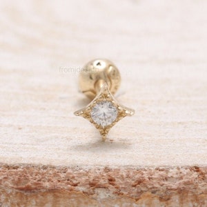 14K 18K Solid Gold CZ, Moissanite, Lab or Genuine Diamond Accent Mragrain Rhomb Ear Stud Cartilage Tragus Helix Conch Lobe Piercing Earring