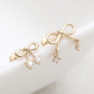 14K Solid Gold CZ, Moissanite, Lab or Genuine Diamond Bow Ribbon Stud Cartilage Tragus Helix Conch Internally Threaded Labret Ear Piercing