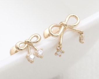 14K Solid Gold CZ, Moissanite, Lab or Genuine Diamond Bow Ribbon Stud Cartilage Tragus Helix Conch Internally Threaded Labret Ear Piercing