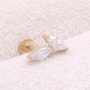 14K Solid Gold Dual Marquis Cut CZ, Moissanite, Lab Diamond Leaf Ear Stud Cartilage Tragus Helix Conch Internally Threaded Labret Piercing