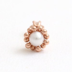 14K 18K Solid Gold 3mm Fresh Water Pearl Bubbles Ball Flower Stud Tragus Helix Conch Lobe Cartilage Ball Back, Labret Piercing Earring 1qty