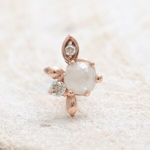 14K Solid Gold Genuine Gray Diamond & Cognac Diamonds Elf Leaf Ear Stud Cartilage Tragus Helix Internally Threaded Labret Piercing 18g 16g